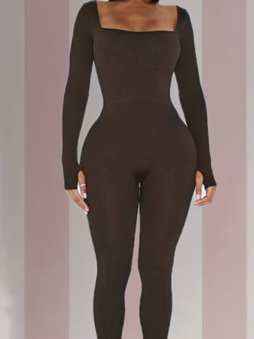PLT Dark Brown Contour Rib Square Neck Thumb Hole Jumpsuit